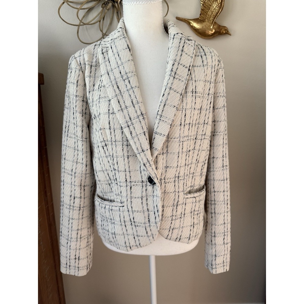 Amanda + Chelsea Tweed Plaid Blazer Jacket Ivory Black One Button Size M